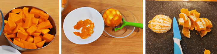 Préparation des ingrédients pour confiture orange et citrouille