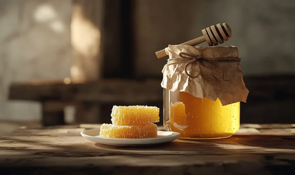 Bocal de miel et deux morceaux de cire au miel.